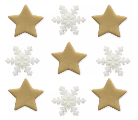 Décors en sucre x9 : Etoiles dorées et flocons 2-2,5 cm